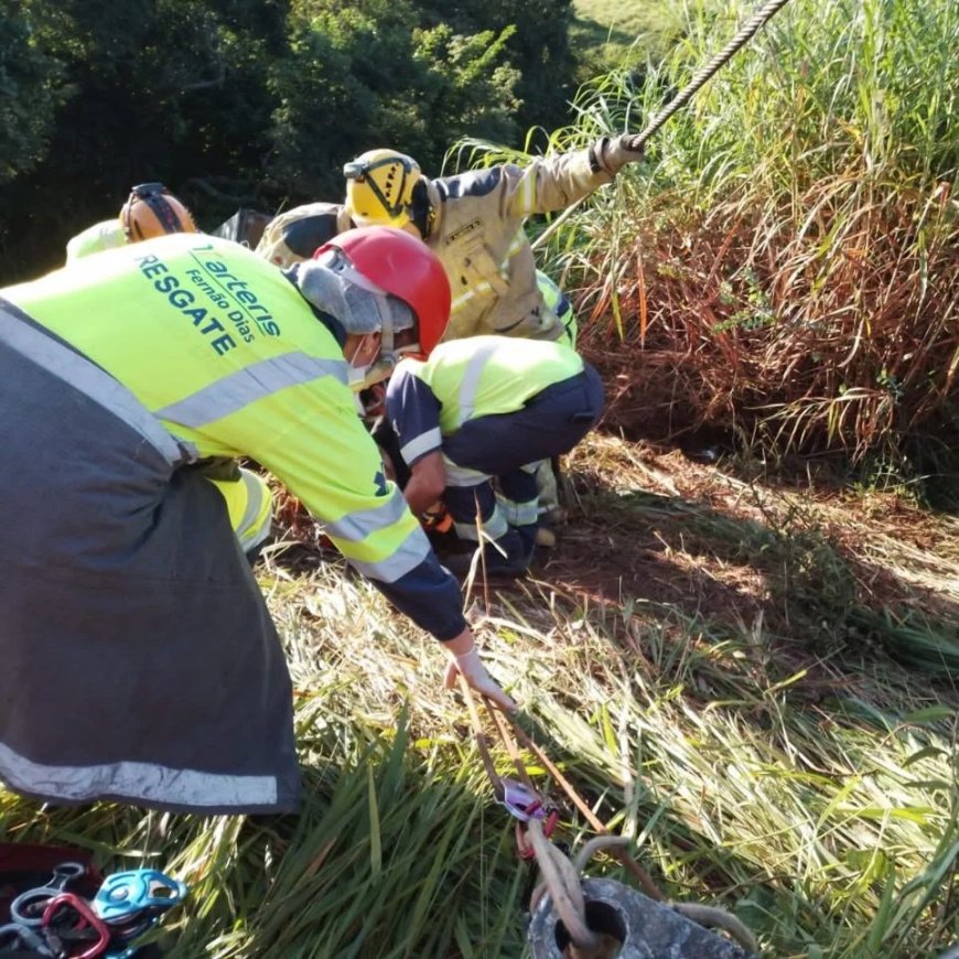 Carreta dos Correios cai em barranco de 50 metros e motorista fica preso às ferragens na rodovia Fernão Dias em MG