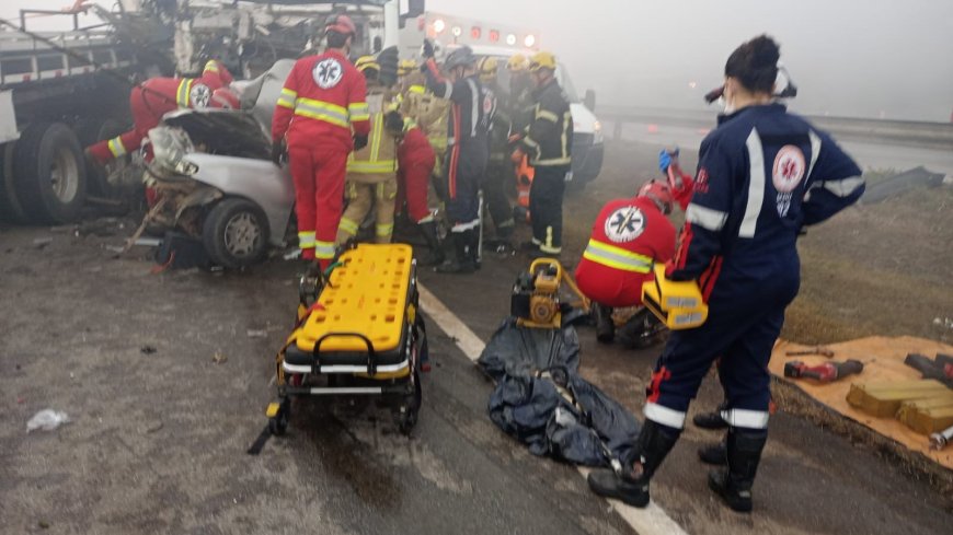 Neblina e fumaça de incêndio causam engavetamento entre carretas, ônibus, carros e van na BR-262, em Nova Serrana