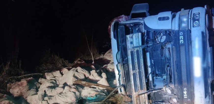 Motorista cochila ao volante e carreta tomba na MG-164